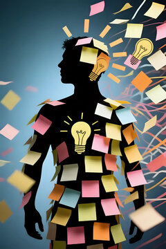 Kreativer Geist voller Ideen &ndash; menschliche Silhouette umgeben von Gedanken, Innovation und mentalem Chaos