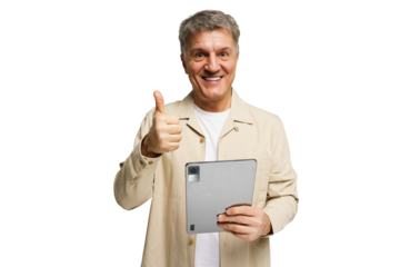 Man gives thumbs up while holding a tablet device