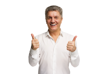 Man smiling and giving thumbs up in white shirt