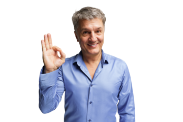 Man showing hand gesture in light blue shirt
