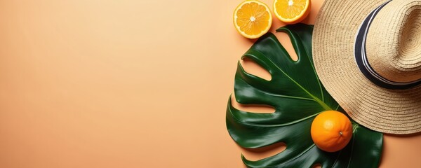 Summer vacation flat lay with straw hat, green monstera leaf and fresh oranges. Bright tropical concept with copy space. Sunny beach vibes and citrus fruit for holidays.