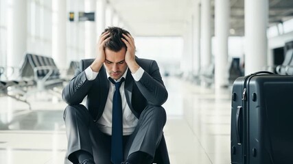 caucasian manager experiencing stress amid airport turmoil and delay