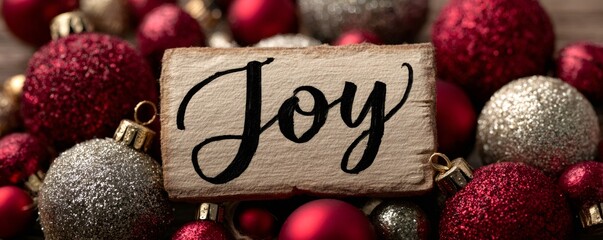 Wooden tag showing joy surrounded by red and silver glitter christmas baubles for festive holiday greeting