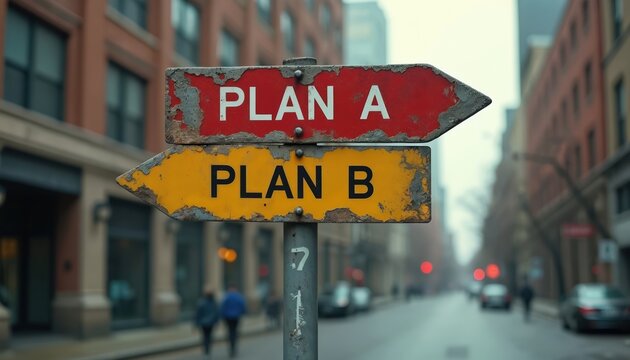 Rusty directional signpost in city street shows options Plan A and Plan B. People face choices and make decisions on their life path. Two different routes are indicated.