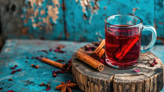 A steaming cup of chai tea sitting on a wooden log with scattered cinnamon sticks and star anise.