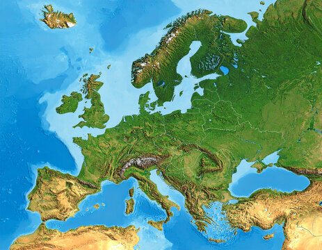Map of Europe with relief shapes, realistic
