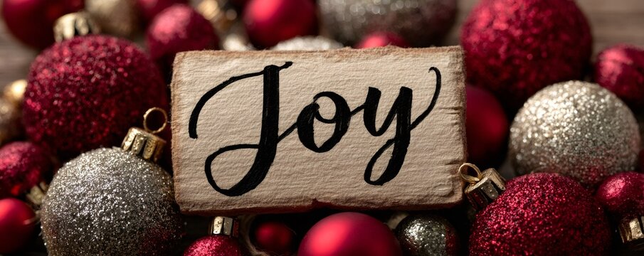 Wooden tag showing joy surrounded by red and silver glitter christmas baubles for festive holiday greeting - Powered by Adobe