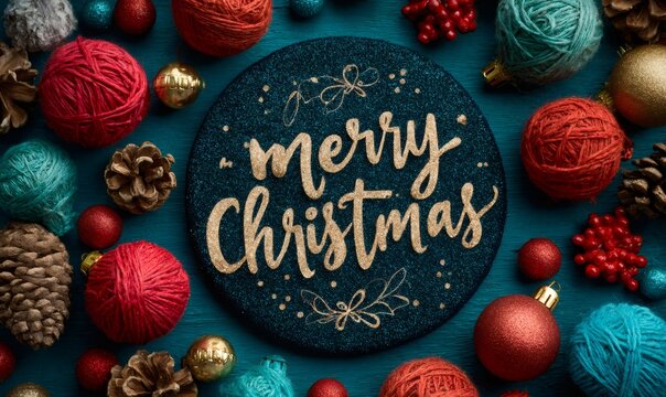 Festive holiday flat lay composition featuring a glittering merry christmas sign surrounded by yarn balls, pine cones, and ornaments - Powered by Adobe
