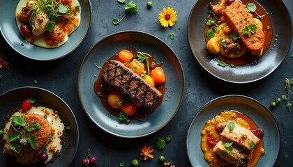 Gourmet meals with fresh ingredients artfully arranged on dark plates. Savory meat and fish dishes with vibrant sauces and garnishes show culinary skill. Delicious food presented for fine dining.