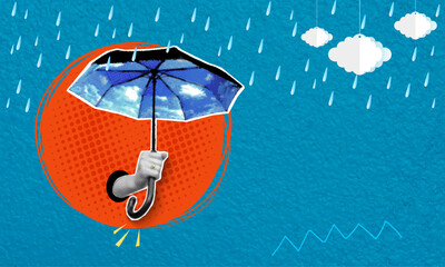 A modern halftone collage in a pop art style. A woman's hand holds an open umbrella against a blue background with paper rain clouds. Space for text.
