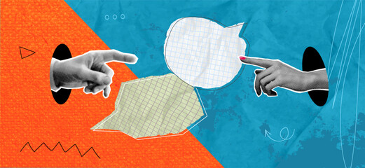 A trendy halftone pop art collage of two human hands reaching each other communication bubble chat dialogue speech body language. Modern vector illustration.