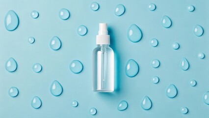Small clear hand sanitizer bottle with spray top surrounded by water droplets on blue background