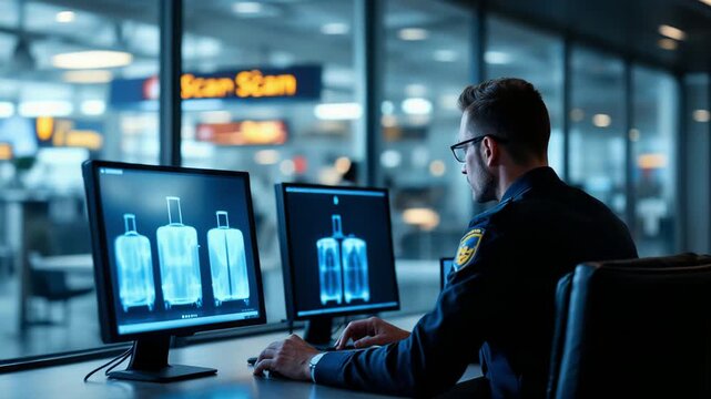 caucasian airport security officer monitoring x-ray scanners
