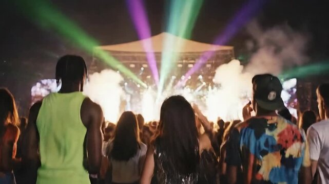 People dancing at a night music festival, raising their hands under colorful laser lights, enjoying energetic atmosphere and live performance.