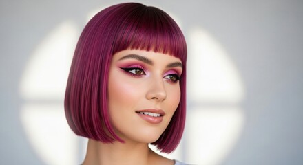 a woman with pink hair and purple eyes