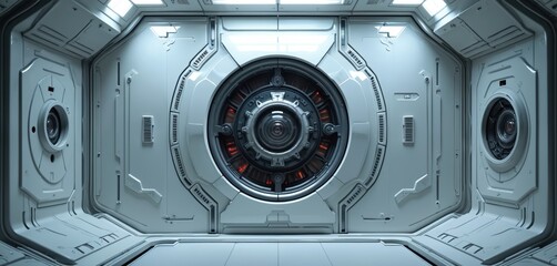 Futuristic spaceship interior with detailed control panel. Orange lights glow from central device. Metallic surfaces create abstract tech background for science fiction scenes. Advanced space station.