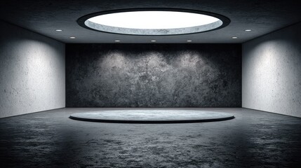 Modern exhibition space with spotlight and circular ceiling light.