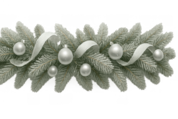 Christmas garland decoration with pine branches, white ribbon and silver ornaments for festive winter holidays, transparent background