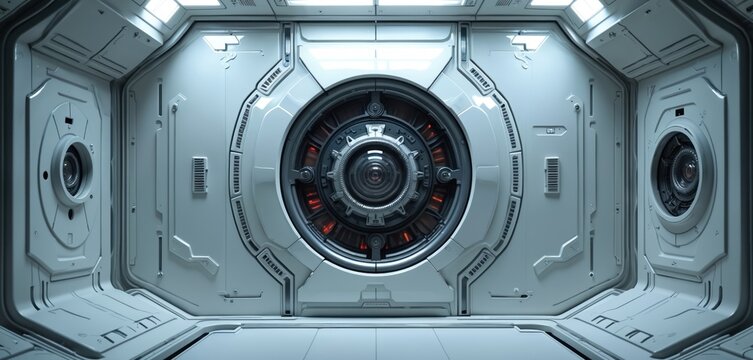 Futuristic spaceship interior with detailed control panel. Orange lights glow from central device. Metallic surfaces create abstract tech background for science fiction scenes. Advanced space station.