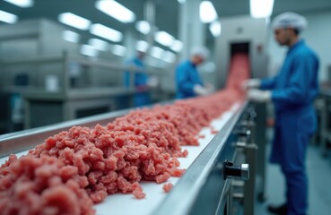 Minced red meat travels on automated conveyor belt in factory. Workers in blue overalls and hair nets monitor food production line. Close up on raw ground beef.