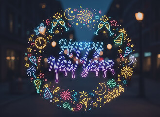 Vibrant Neon Happy New Year 2024 Sign on Blurred City Background