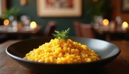 Golden saffron risotto alla Milanese artfully presented in a dark bowl on a wooden table. Soft candle lights glow in cozy Italian restaurant background. Fine dining food.