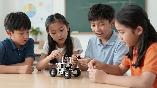 Children Engaged in Creative Robotics Activity with Educational Toy Components at Classroom Space