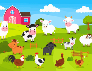 Naklejka premium Cartoon Farm Animals on a Green Pasture with a Red Barn Illustration