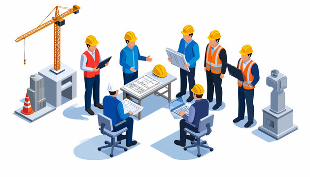 Construction team meeting with blueprints and laptop, isometric illustration of engineers planning a building project with a crane.