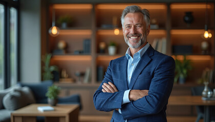Fototapeta premium Mature businessman smiles confidently arms crossed in modern office. Pro man wears blue suit, looks successful and happy. Confident male executive poses in upscale workspace with bookshelves.