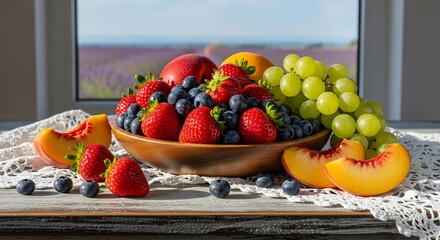 a bowl of fruit and some grapes on a table