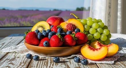 a bowl of fruit sitting on top of a wooden table