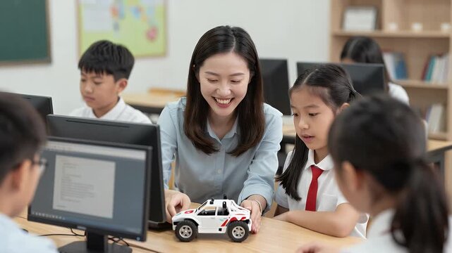 Teacher Guiding Students with Robot during Computer Class in Classroom Setting Promoting Hands-On Learning and Engagement