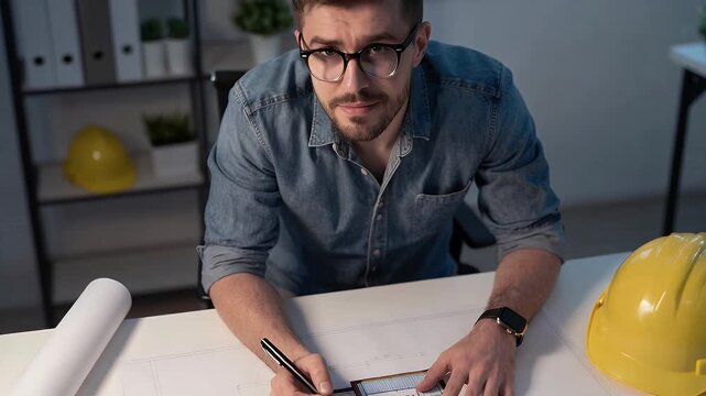 Young architect drawing detailed floor plan with tools and construction helmets on table in modern office setting