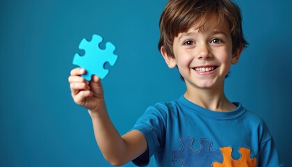 Young boy smiles holding blue puzzle piece. He wears blue shirt with puzzle design. Autism awareness month concept. Understanding, acceptance, inclusion, hope.