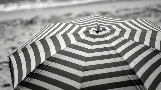 A chic striped umbrella on the beach.