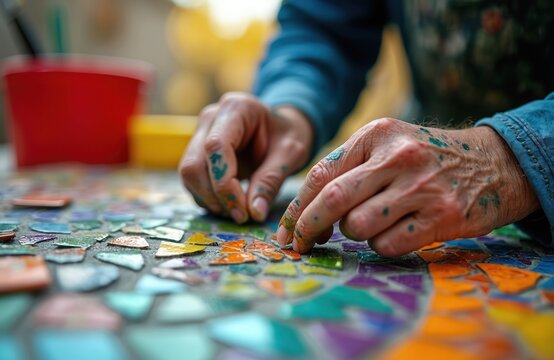 Hands of artist place small colored tiles on surface creating mosaic pattern. Person makes art with colorful fragments indoors. Craft hobby activity with tiny pieces.