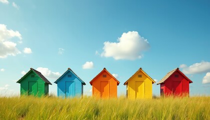 Five colorful beach huts in a row stand on grassy dune under bright blue sky with white clouds. Minimalist seaside architecture with vibrant hues.