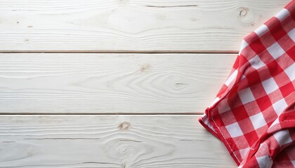 Fototapeta premium Red checkered cloth lies on white wooden planks. Empty space for text or food. Rustic background for cooking or picnic themes. Simple farmhouse style surface.