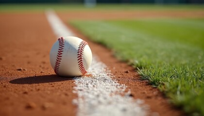 Baseball rests on chalk line at dusty infield dirt beside bright green grass. Outdoor stadium sports field prepares for game action. Nobody is on baseball diamond.