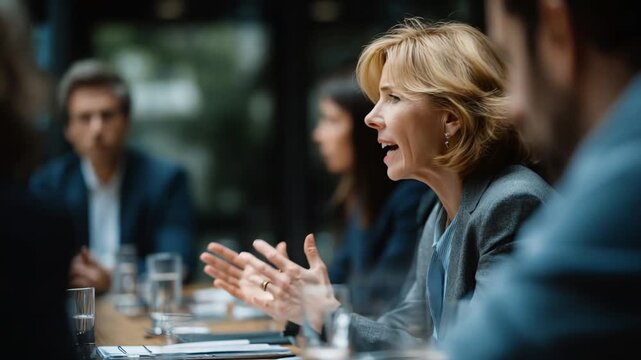 Corporate woman chairing focused strategy meeting with colleagues