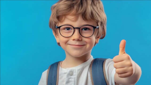 A joyful young boy with glasses giving a thumbs up sign in front of blue background.