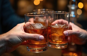People clink glasses of amber whiskey with ice cubes in a dimly lit bar setting. Friends celebrate a special occasion with alcoholic drinks. Enjoying a toast at a social gathering for drinks.