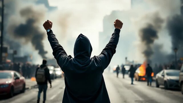 Resilient protester with raised fists defies destructive city chaos