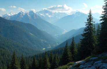 Vast green mountain range with pine forests and snow capped peaks under blue sky. Valley view with sunlit slopes and shadows. Scenic panorama.