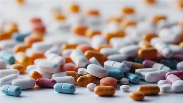 Colorful assortment of prescription tablets against a light background