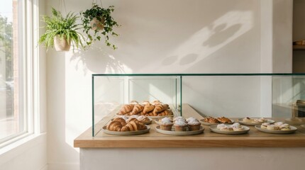 Freshly baked pastries and croissants displayed in a bright, inviting bakery