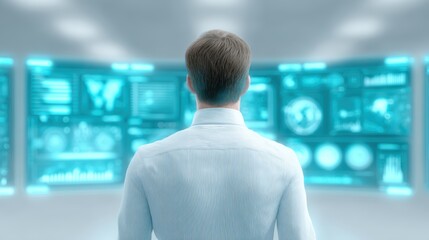 Man Monitoring Digital Data Interface Screens: Future Technology