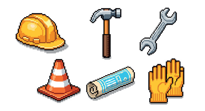 Pixel art set of construction tools and safety equipment including a hard hat, hammer, wrench, traffic cone, blueprint, and gloves in a retro 8-bit video game style