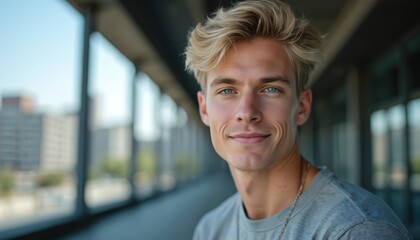 Blond haired man with blue eyes smiles gently, outdoor urban setting. Young adult male model with casual grey shirt, confident look, healthy appearance. City background, daytime photo.
